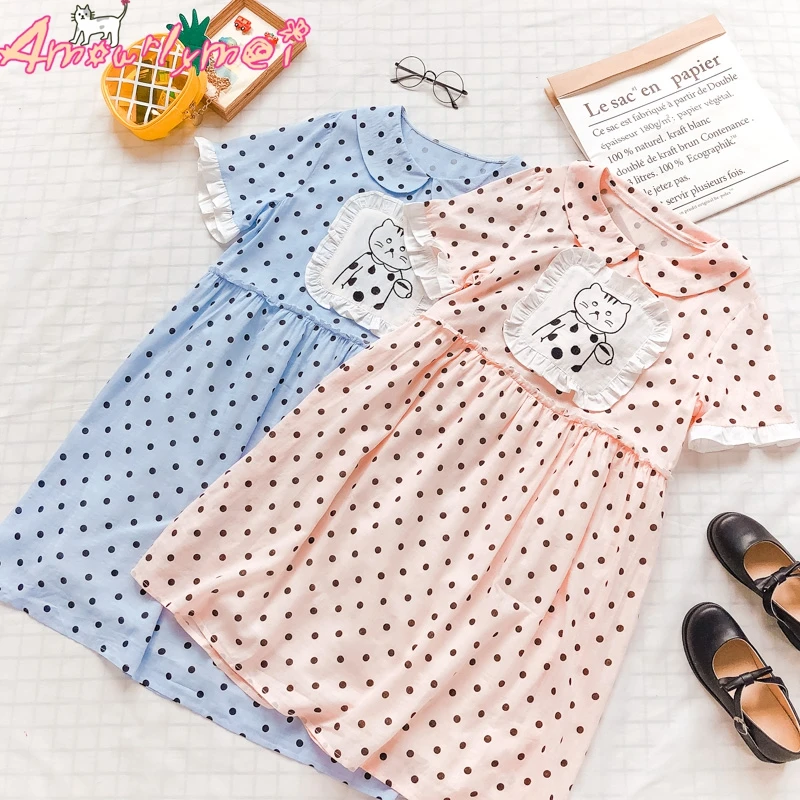 

2018 Summer Women Dress Japanese Style Mori Girl Sweet Doll Collar Cat Embroidery Polka Dot Print Cute Casual Dress Vestidos