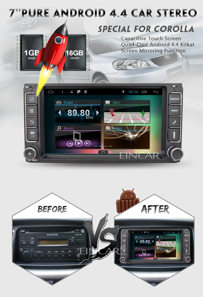 3D Navigation GPS Pure Android 4.4 Capacitive Car DVD Player For Toyota Corolla Camry Prado RAV4 Hilux VIOS Audio Automotive Radio Video In Deck RDS Monitor BT Music Car Stereo Autoradio EinCar Wi-Fi logo Quad Core CPU