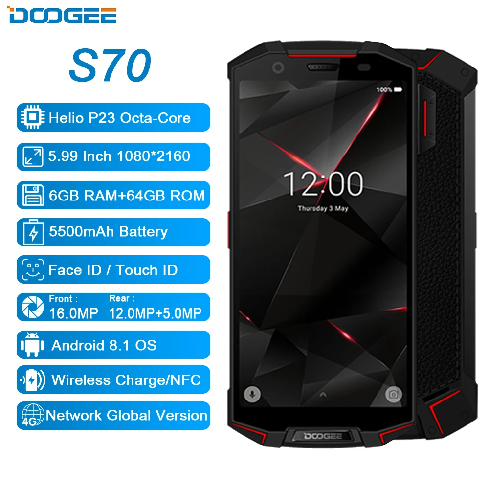 Comprar IP68 IP69K impermeable DOOGEE S70 juego teléfono carga inalámbrica NFC 5500mAh 12V2A carga rápida 5,99 FHD Helio P23 Octa Core 6GB 64GB