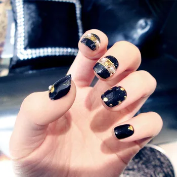 

Simulation Pearl Individuality DIY Fake Nail Short Size Nail Art Tips with Glue Women Japanese Style Black Color Artificial Nail