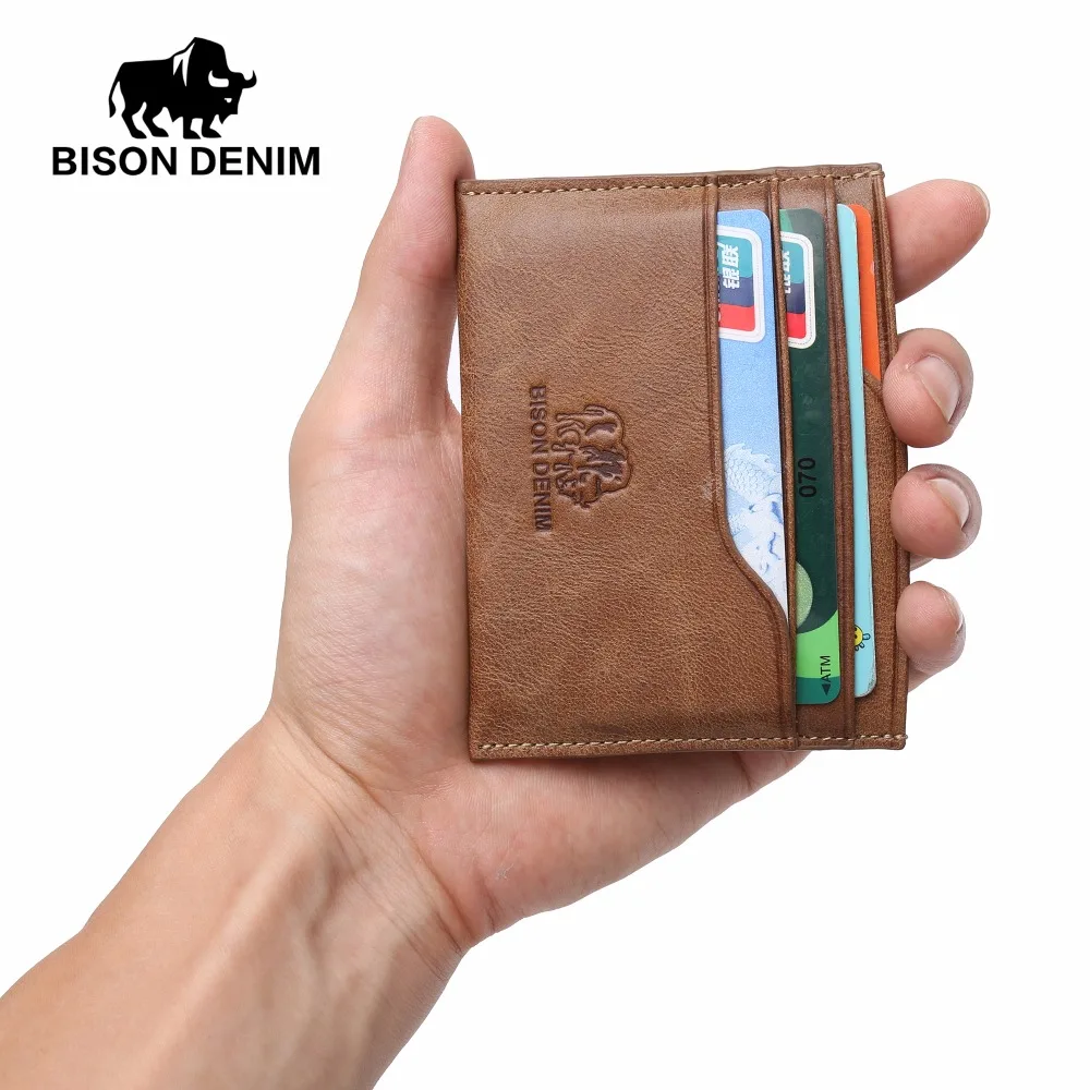 BISON DENIM Leather Men Wallets Cowhide Coin Purse Small Credit&id Wallets Short Male Purse Business Card Holders W9315