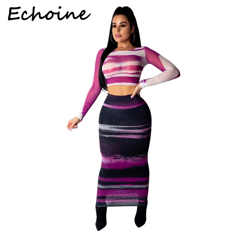 

Echoine Fashion Sexy Mesh Print Two Piece Set Long Sleeve Cut Out Crops Top + Long Dress Summer Women Two Piece Outfits