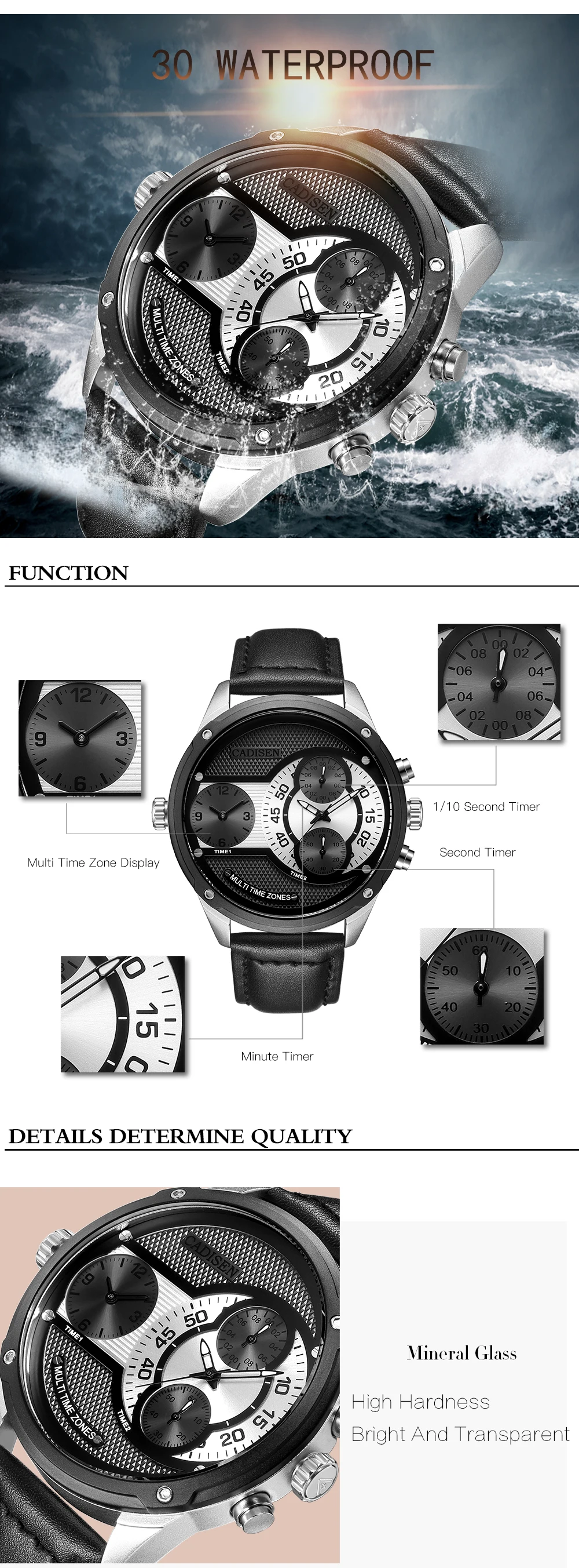 Новинка, роскошные Брендовые мужские кварцевые часы, большой дизайн, двойной часовой пояс, повседневные военные водонепроницаемые наручные часы