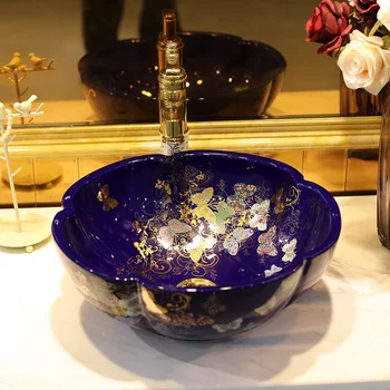 

Chinese wash basin sink bathroom sink bowl countertop Ceramic washbasin bathroom sink butterfly pattern blue flower shape