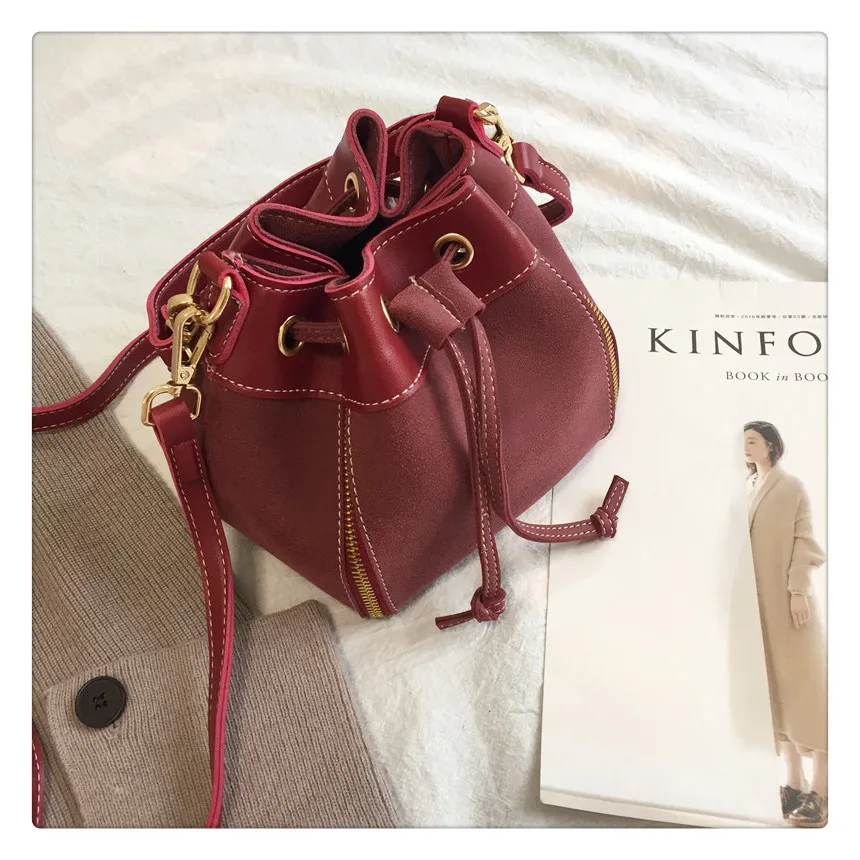 MJ Women Leather Handbags Vintage Suede PU Leather Crossbody Bag Drawstring Bucket Bag Female Small Messenger Bags Korean Style (18)