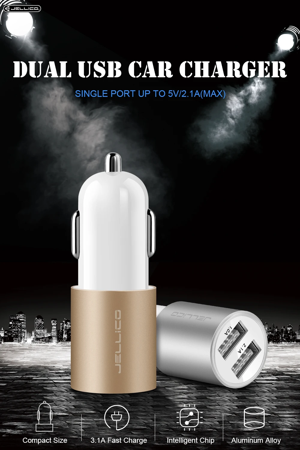 Jellico USB Автомобильное зарядное устройство 5 В 2.1A Металл двойной USB алюминиевый сплав автомобильное зарядное устройство Быстрая зарядка зарядное устройство для телефона для iPhone samsung Xiaomi