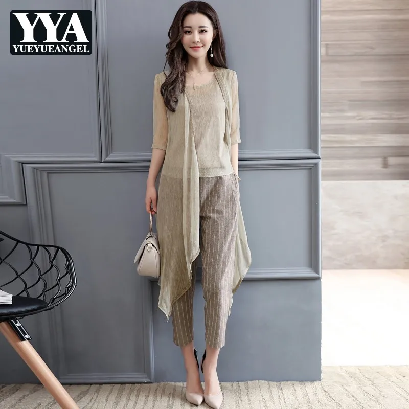 

Fashion Elegant Three Piece Sets Women Summer 2019 New Chiffon Coat + Vest + Striped Trousers Suit Woman Casual Korean Outfits