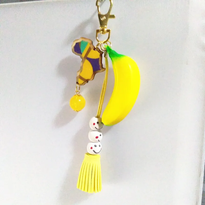 12pcs/lot PU Banana Key Chain Yellow Wooden Afica Map Keyring Wood Smile &amp Suede Tassel Bag Car Ring DIY Craft Gifts | Украшения и