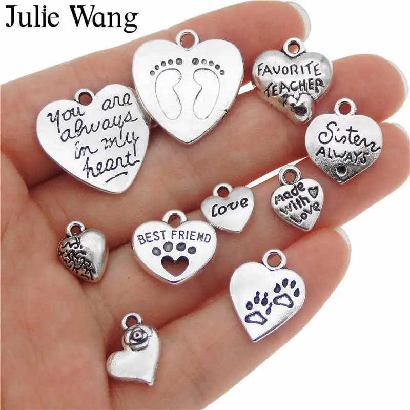 Julie Wang, 10 шт., античное серебро, смешанные, сердце, любовь, амулеты, сплав, подвеска на ожерелье, подвески, фурнитура, сделай сам, ювелирное изделие, аксессуары