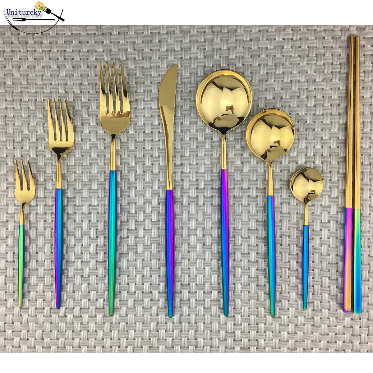 Juego de platería de oro arco iris de 1 pieza, juego de cubiertos de acero inoxidable pulido con espejo, cuchillo para carne, tenedor para servir, utensilios de mesa en cucharón, conjunto|Juegos de vajilla| - AliExpress