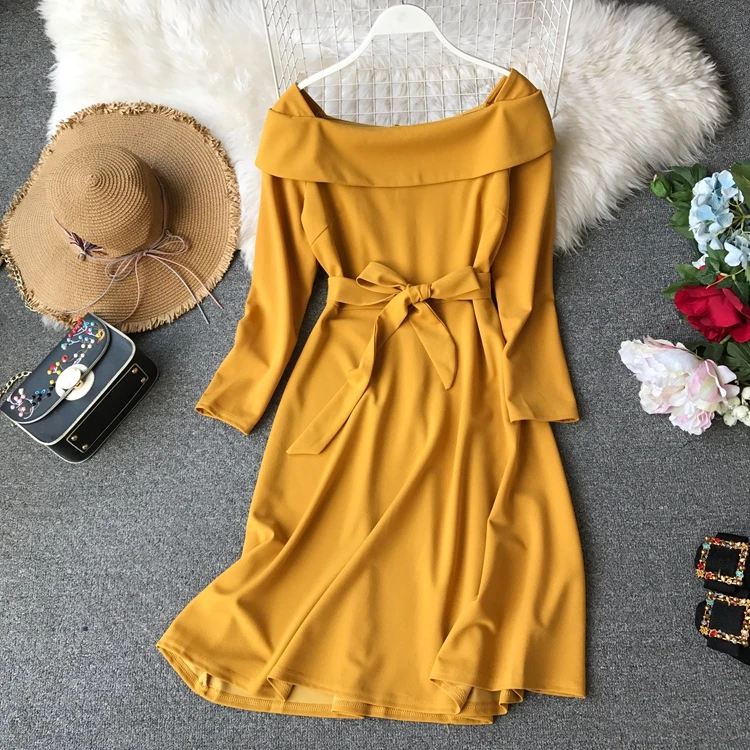 

2019 Korean Spring and Summer New Fashion Slash Neck Plain Color Thin Casual Dress Slim Women Elegant Vestidos E844