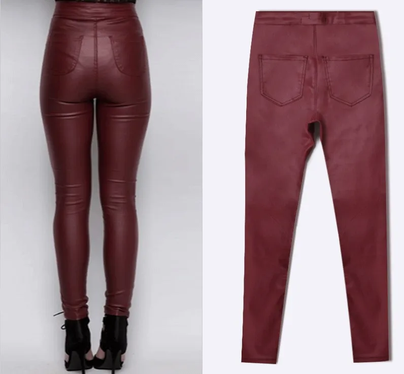 Брюки с высокой талией винно-красные обтягивающие узкие брюки из искусственной кожи, длинные брюки с покрытием, растягивающиеся модные сексуальные женские брюки