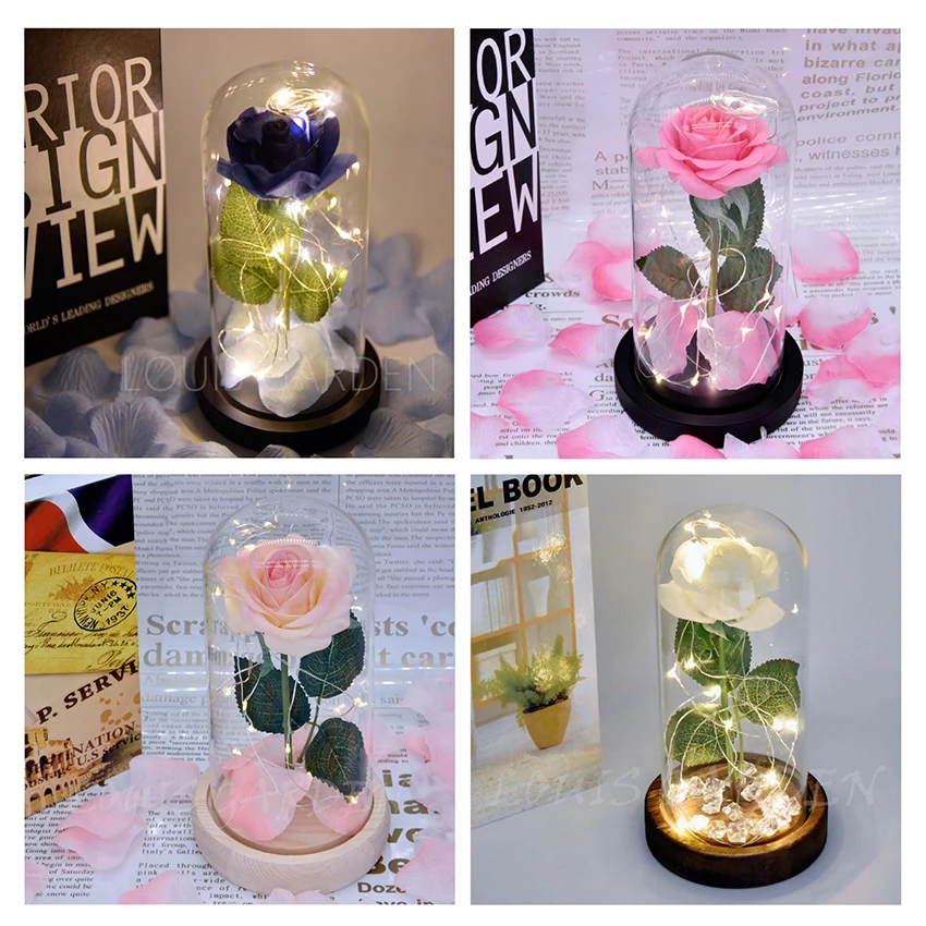 

Beauty And Beast Eternal Flower Rose In Flask Wedding Decoration Artificial Flowers In Glass Cover For Valentine's Day Gifts