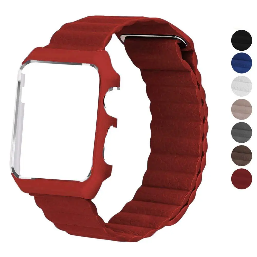 TORQUILA Leather Loop for Apple Watch Series 3/2/1 42mm 38mm Magnetic Bracelet Replacement Band With Metal Rubber Frame Case - Band Color: Red