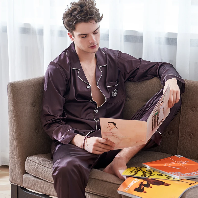 Faux Silk Pajamas Male 2020 Autumn New Silky Ice Silk Sleepwear Man Long-Sleeve Dark Coffee Pajama Sets X9003