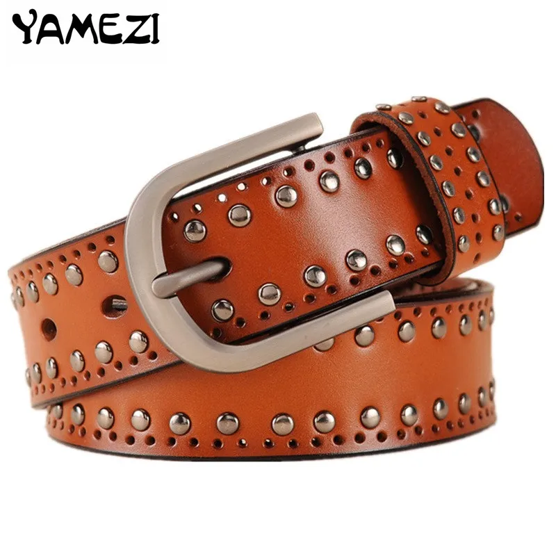 2017 Fashion New Punk Bullet Rivet Genuine leather belt Belts for women