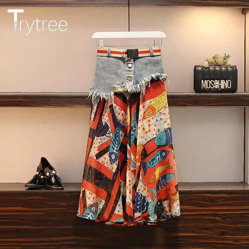 Trytree летний женский комплект из двух предметов Повседневный круглый вырез твердый кулон топ+ юбка с принтом пояс пэчворк джинсовый костюм до середины икры комплект из 2 предметов