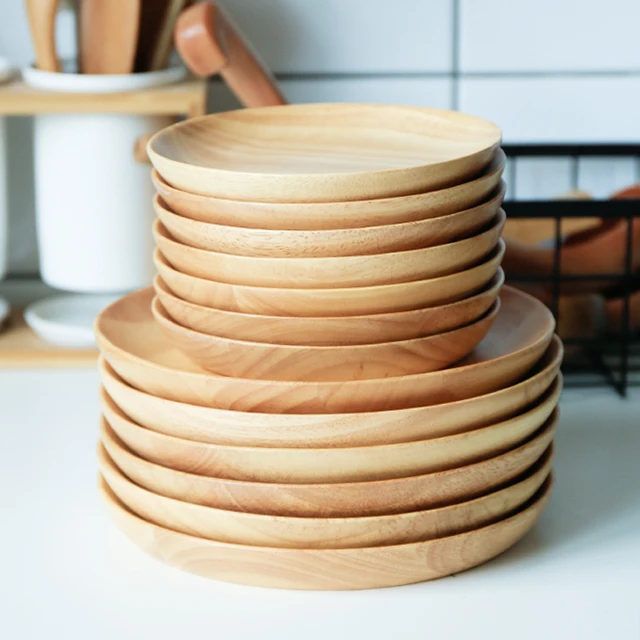 2pcs Round Wooden Plate Set Large Small Wood Snack Fruit Dishes Cake 2pcs Round Wooden Plate Set Large Small Wood Snack Fruit Dishes Cake Plates Serving Tray Hand