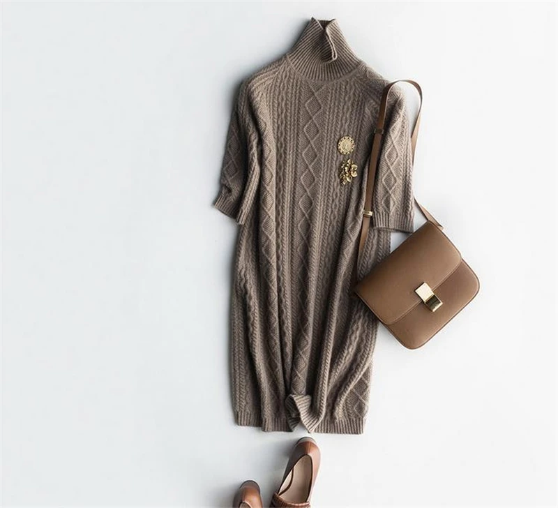  top grade 100%goat cashmere women's fashion half-sleeve pullover sweater dress turtleneck mid-long 