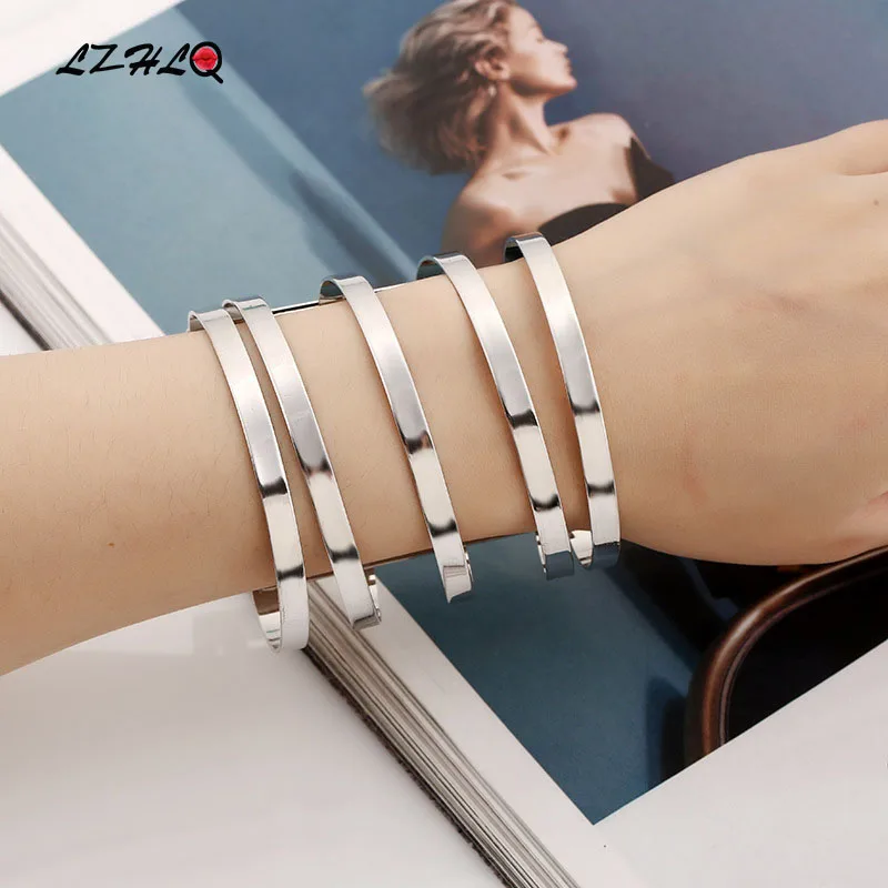 

LZHLQ Simple Metal Stripe Multilayer Bracelets 2020 Trendy Women Maxi Punk Wide Bracelet Opening Adjustable Plating Cuff Bangle