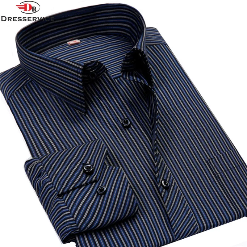 DRESSERVICE Size M-8XL Large Men's Stripe Long Sleeve Business Casual Shirt Solid Color Men's Social Dress Shirt