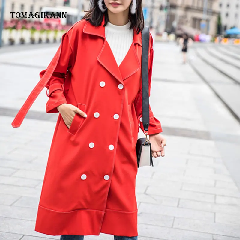 Одноцветное Удлиненные женщин Тренч 2017 уличная Пальто осень красный двубортный