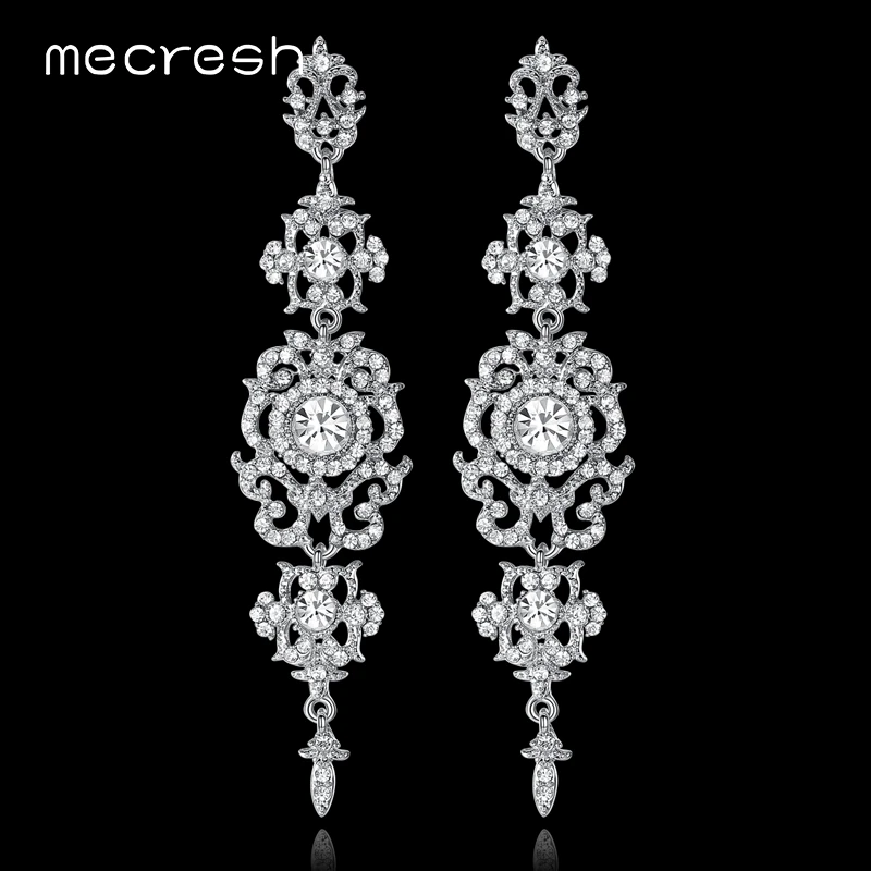 

Mecresh Gold Color Crystal Bridal Long Earrings for Women Sun Floral Shape Praty Hanging Earrings Wedding Jewelry EH182