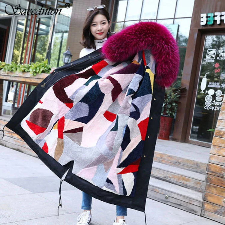 

2019 Brand New Winter Raccoon Fur Collar Hooded Parka For Women Female Thicken Windproof Warm Loose Long Overcoat Suede Clothes