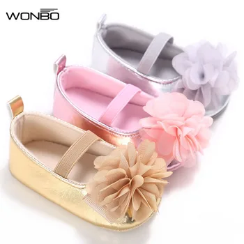

New PU Leather Golden Silver Pink Newborn Baby Kid Prewalkers Shoes Princess Girl Mary Jane Big Flower Soft Soled Anti-slip Shoe