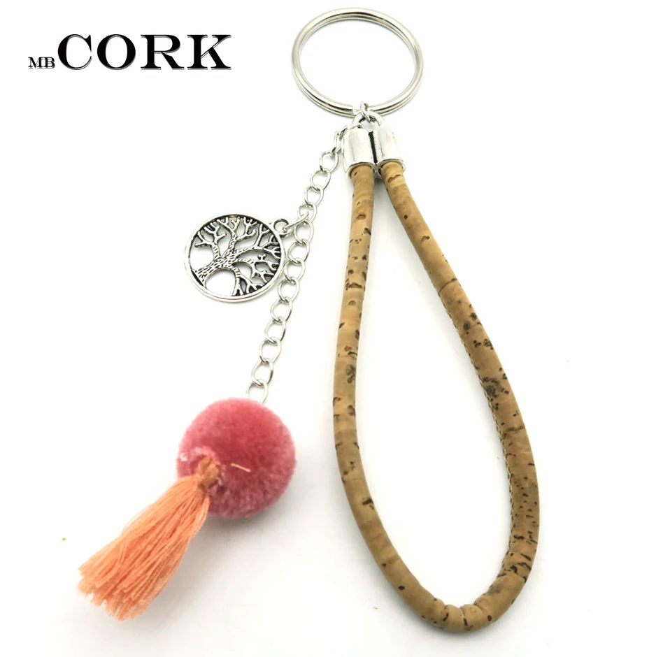 

Natural Cork keychian Antique sliver life of tree with pink Hairball tassel handmade cork Keychain original wooden I-043