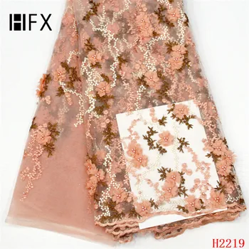 

HFX Latest African Orange 3D flowers Lace Fabric 2019 High Quality french Lace with beads Nigeria tulle lace For dress H2219