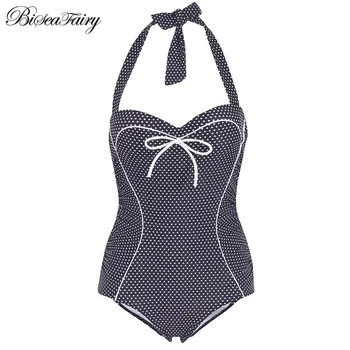 

Biseafairy One Piece Swimsuit Plus Size Swimwear Women 2019 Large Vintage Retro Push Up Swimwear Cherry Halter Bathing Suit