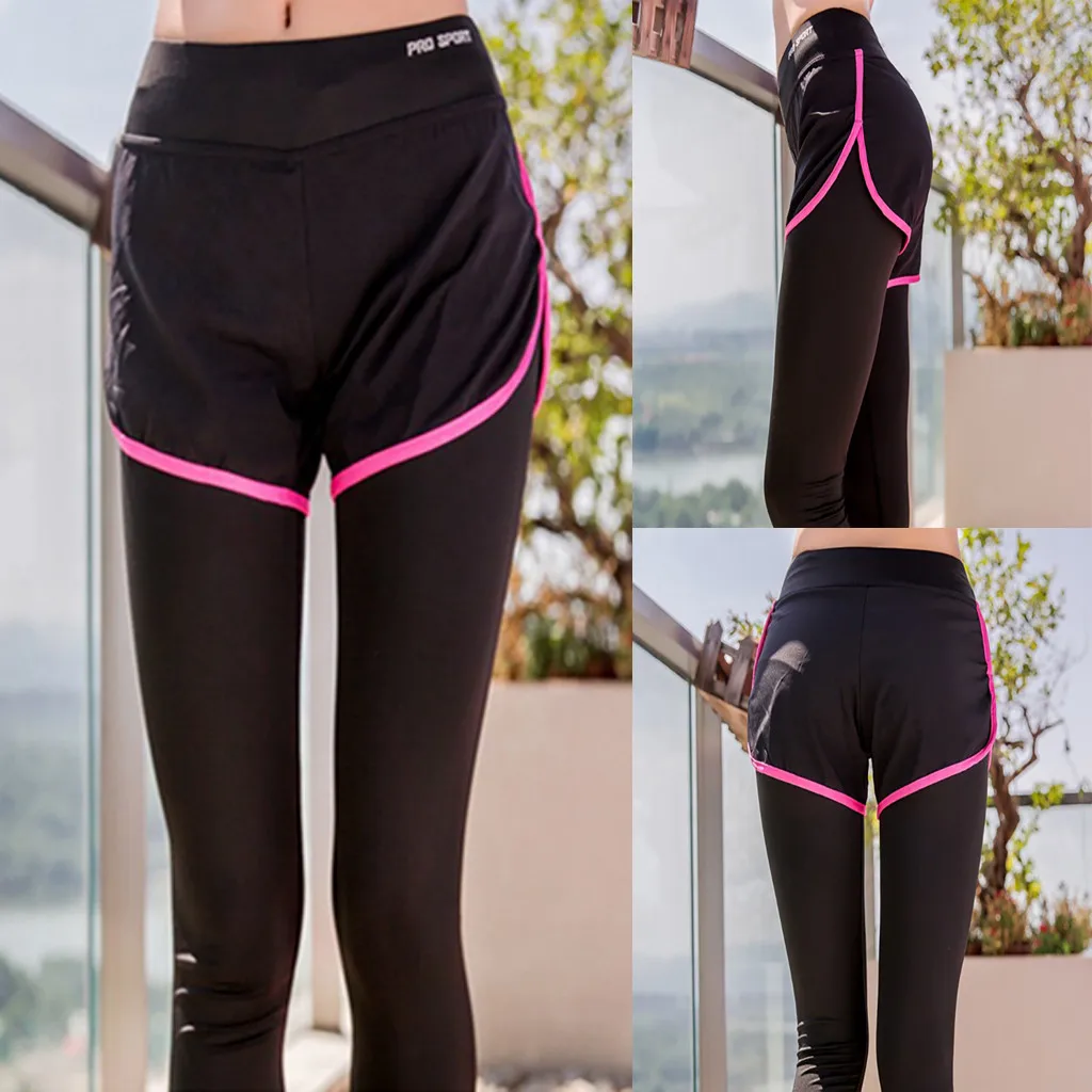 

2019 hot Women Fitness Pant Quick Dry Fake Two Pieces Thin Running Hiking Sports Leggings