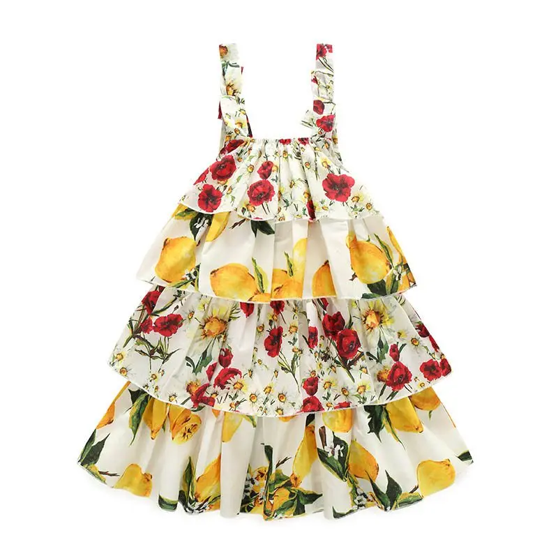 Платье для маленьких девочек с цветочным принтом и платье с принтом лимоны для девочек Повседневное Открытое платье без рукавов дети слоистых платье для 100-150 см