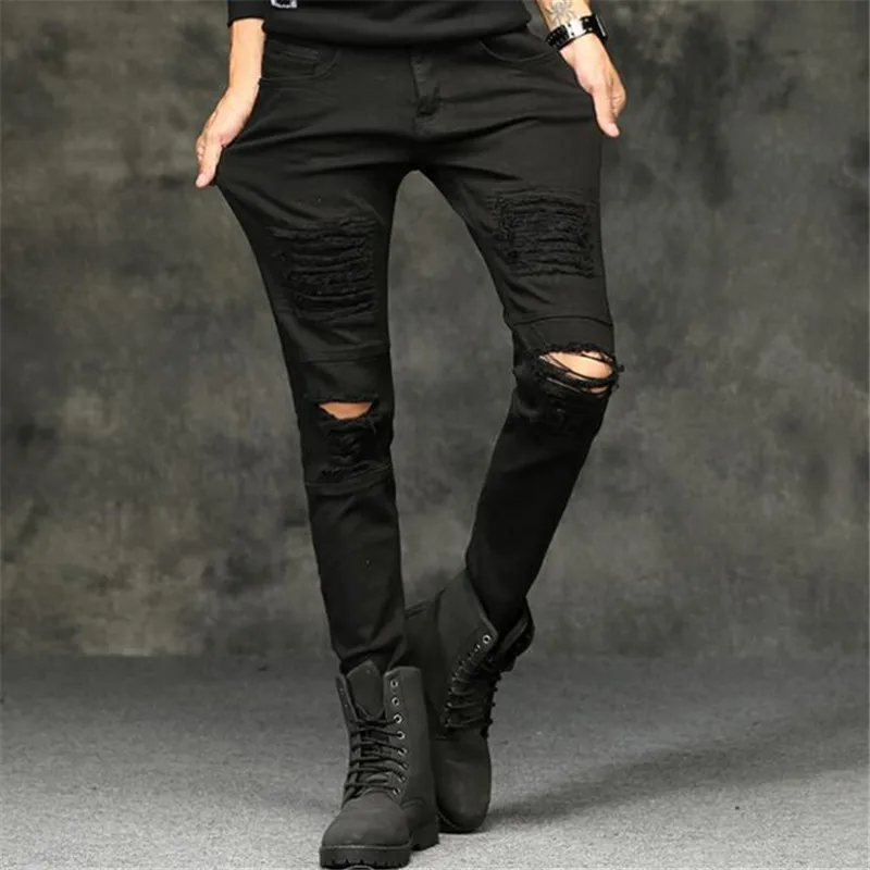 Stretch Distressed Ripped Punk Hight Streetwear White Skinny Ankle Zipper Jeans Men, Ripped Jeans Black Male Denim Hole Trousers