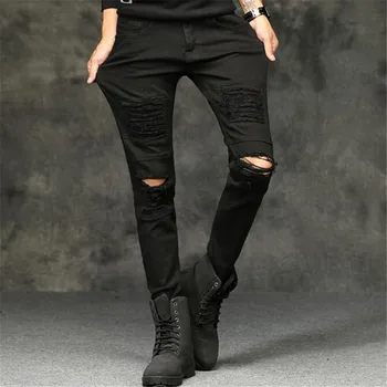 

Stretch Distressed Ripped Punk Hight Streetwear White Skinny Ankle Zipper Jeans Men, Ripped Jeans Black Male Denim Hole Trousers