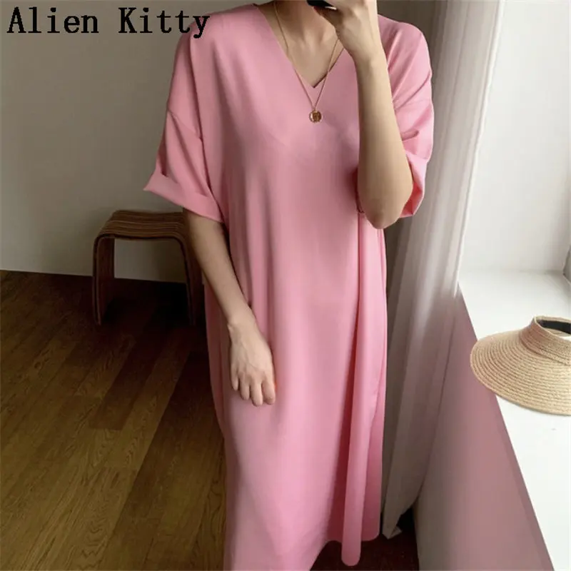 

Alien Kitty Korea Chic Summer Loose Straight Fresh Women Simple V-Neck Casual Cute All-Match Brief Sweet Fresh Long Dress