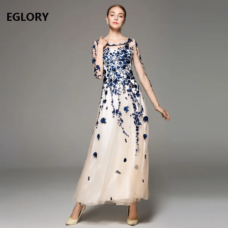 

Blue Long Dress New Fashion Runway Women Sexy Tulle Mesh Embroidery 3/4 Sleeve Elegant Party Wedding Long Maxi Dress 2018 Autumn
