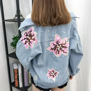 

Hchenli Brand 2018 Women Beaded Pearl dlower Jeans Jacket High Quality Blue Colorful Pearl Beading Denim Outerwear with lace