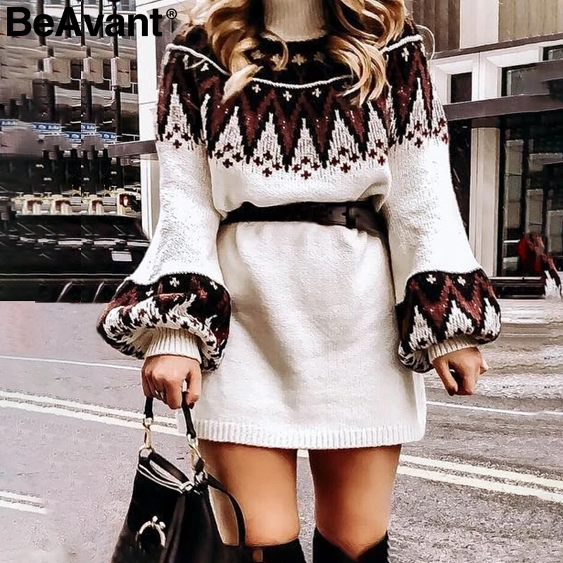BeAvant трикотажное платье с геометрическим принтом женское повседневное туника с высоким воротником женское платье-свитер осень зима ретро белое платье - Цвет: Белый