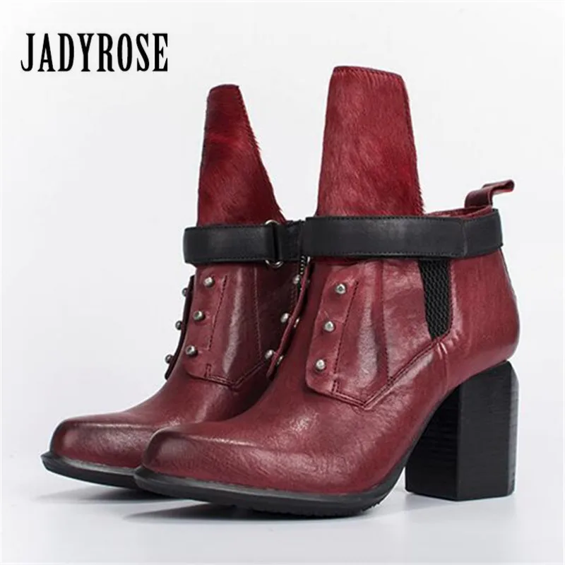 

Jady Rose Fashion Ankle Boots for Women Wine Red Genuine Leather Shoes Woman High Heels Female Autumn Chunky Heel Women Pumps