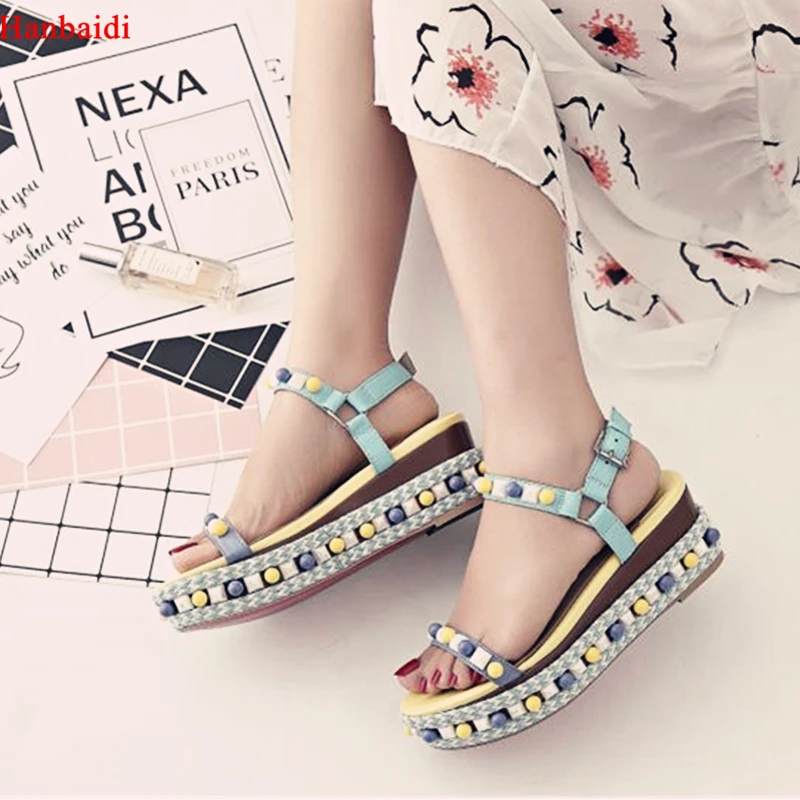 

Hanbaidi Fashion Rivets Studs Platform Women Summer Sandals Sexy Wedges Peep Toe Buckle Strap Pumps Runway Gladiator Shoes Women