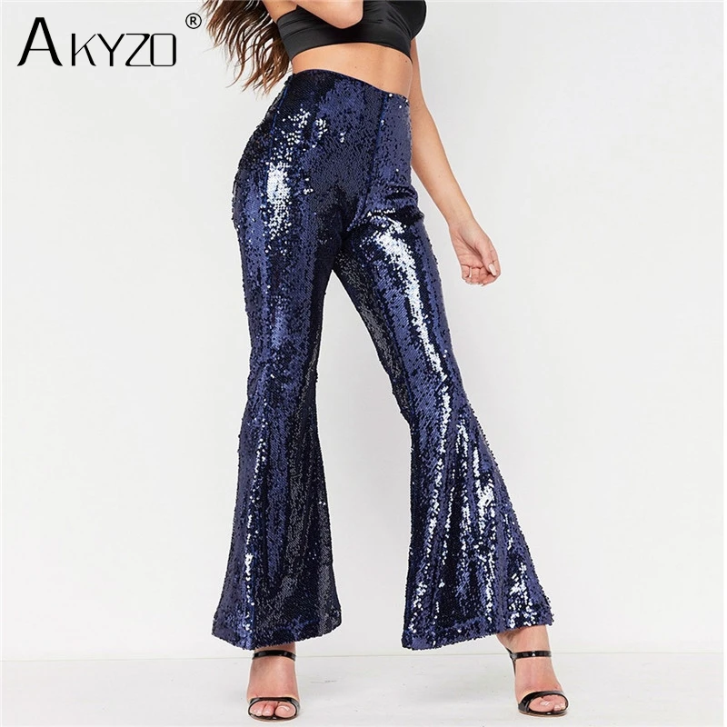 AKYZO 2018 Sexy femmes paillettes pantalon solide Sequin Club Long flare pantalon mode large jambe Costume de fête Sexy Bling blanc pantalon