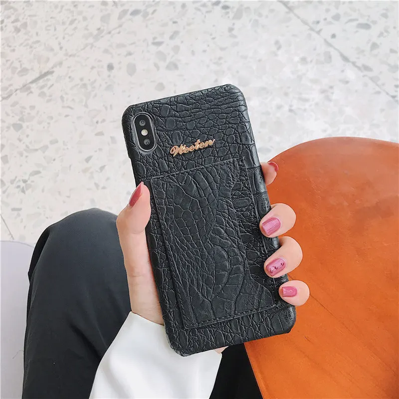 Crocodile skin phone case For iphone 6 6S 7 8 Plus XR X XS MAX case Leather shot Half pack slell holder Card Hard shell cover - Цвет: Черный