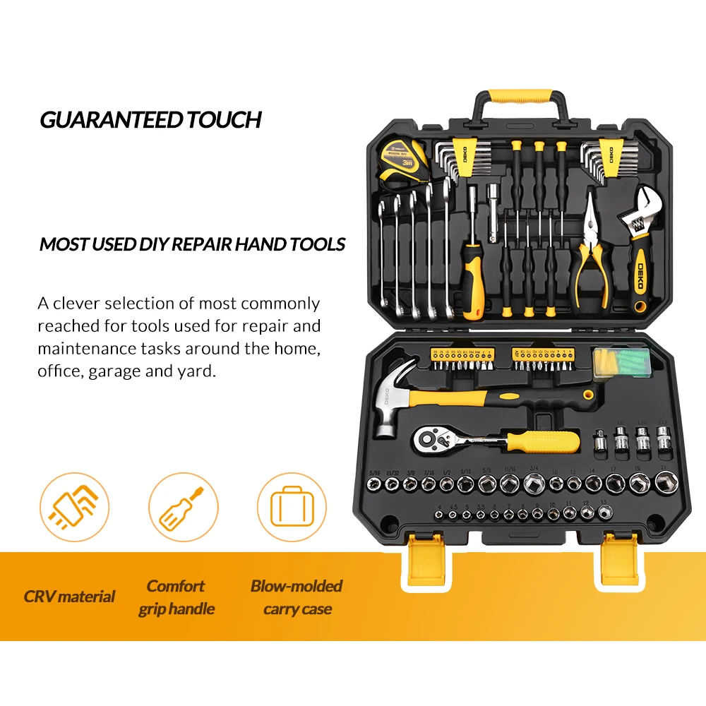  DEKO 128 Pcs Hand Tool Set General Household Hand Tool Kit with Plastic Toolbox Storage Case Socket