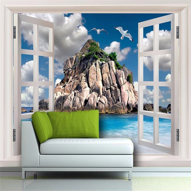 

beibehang 3d mural wallpaper for living room decor photo TV backdrop window Beach Island Restaurant wall painting mural panel