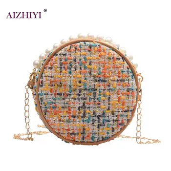 

Ladies Fashion Elegant Pearl Clutch Women Shoulder Messenger Round Chain Cloth Zipper Bags Female Casual Circle Crossbody Bags
