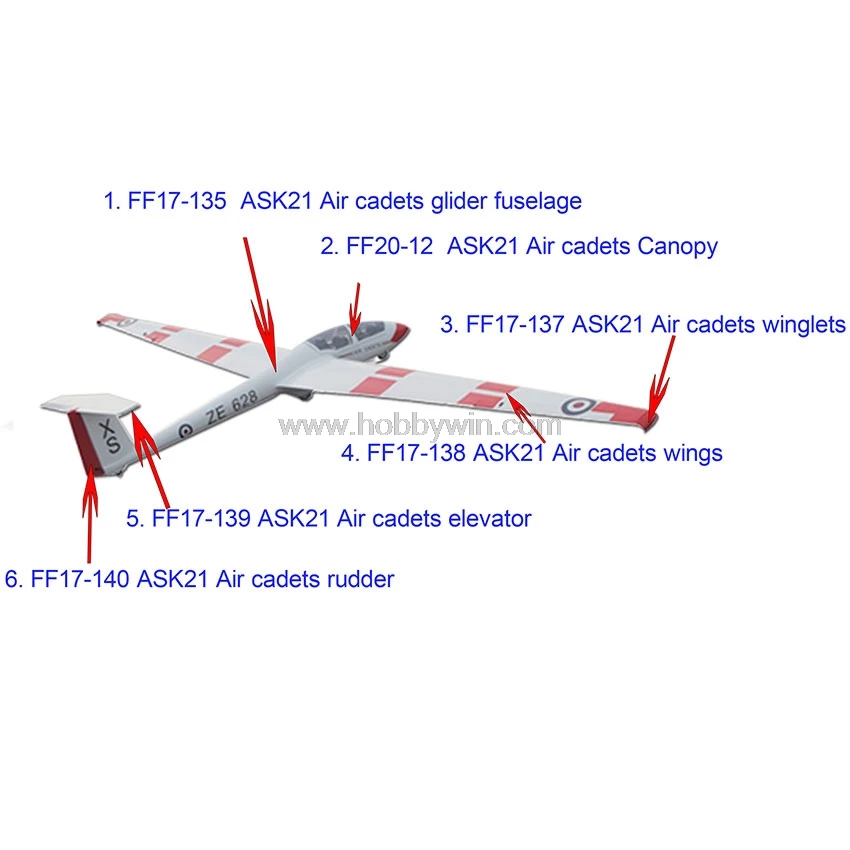 ASK-21 Air Cadets Наклонный планер 2600 мм ARF без электронных деталей RC модель стекловолокна парусник