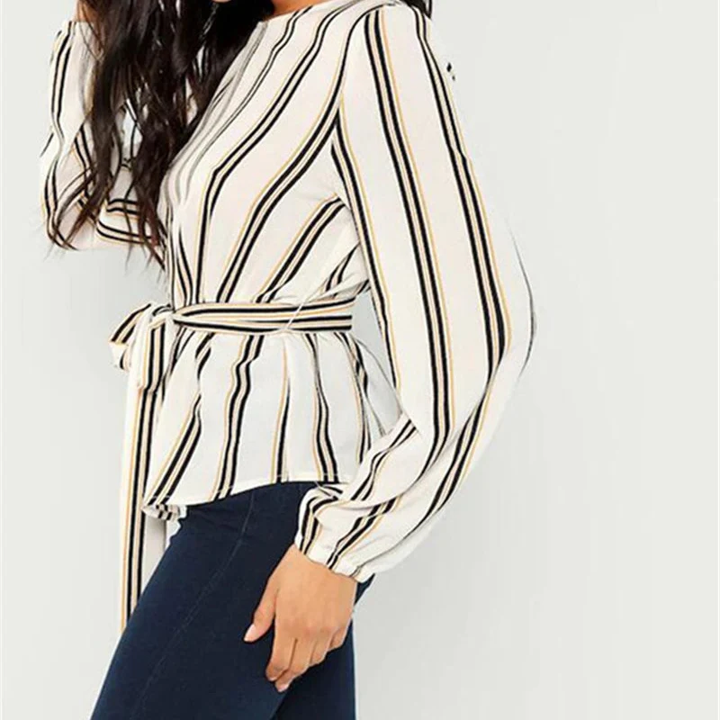 المرأة بلوزة شيفون قميص 2019 الإناث ملابس طويلة الأكمام Blusas الشيفون المرأة مكتب البلوزات طباعة مخطط نقطة سيدة C0567