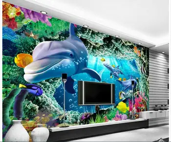 

3d wallpaper custom photo non-woven mural wall sticker 3 d Dolphins tropical fish painting 3d wall room murals wallpaper